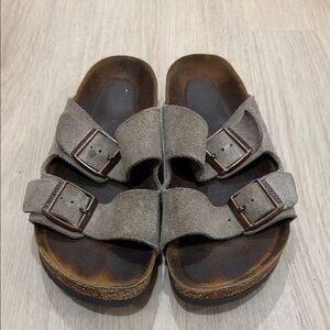 Birkenstocks 38 L7 Suede Double-Buckle Slide Sandals in Taupe